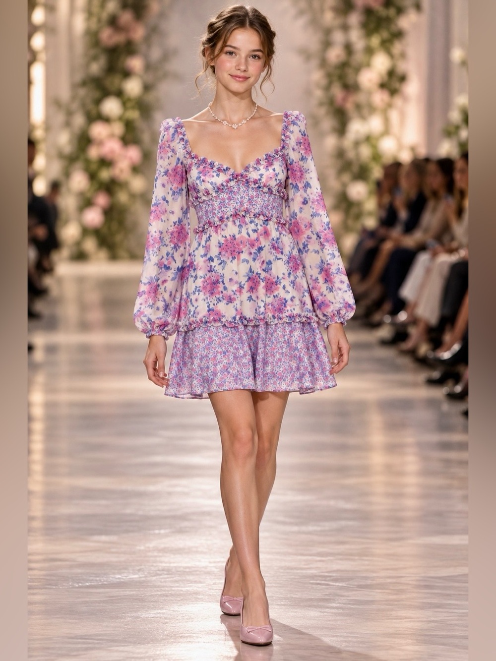 B. Darlin Juniors 15/16 Floral Ruffle Mini Dress Long Sheer Sleeve NWT